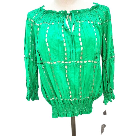 INC Macys Size 4 Green Envy Crinkle Top with Eyelets Off Shoulder - Picture 1 of 11